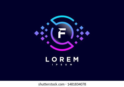 Abstract letter F line logo design template. dark blue, blue and purple gradient Color pixel creative sign. Universal vector icon. Digital Concepts and Circles, vision, eye, technology Icons.