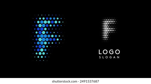 Abstract letter F logo with blue gradient dots, modern minimalist design. Ideal for business branding, corporate identity, tech companies. Stylish and professional symbol. Vector illustration.