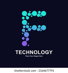 Abstract Letter F with molecule element and dots connection vector logo design. Suitable for biotechnology molecule atom DNA chip symbol, Medicine, science, technology, laboratory, electronics