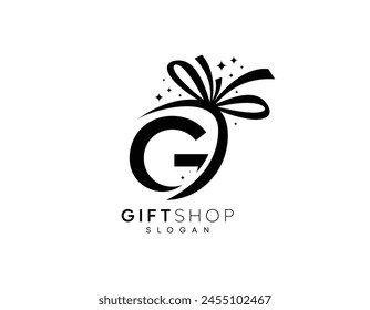 Abstract letter G gift icon logo, letter G with gift ribbon, start glitters, G gift box vector logo design