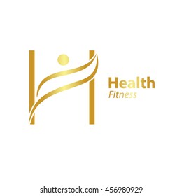 Plantilla de diseño del logotipo de letra abstracta H con logotipo Health Fitness Gold