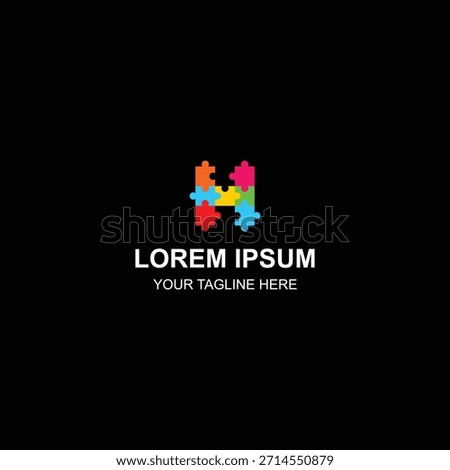 Abstract letter H logo, multiple colorful jigsaw puzzle pieces, teamwork connection concept, black background.
