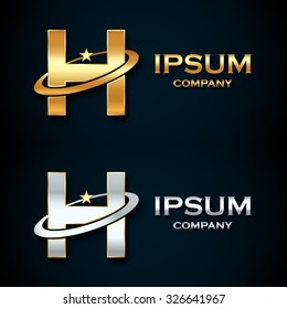 Abstract letter H logo,gold and silver star symbol,sign saturn,ring shape with sample text for your company