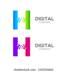 Abstract Letter H Pixel logo with Triangle Shape, Arrow Fly Forward Signs, Media Play Symbols, Technology and Digital Connection concept for your Corporate identity Business company