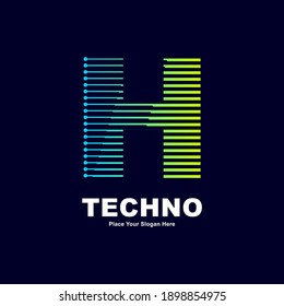 Abstract Letter H Technology Logo Vector Template. Suitable For Digital Font Industry With Dot, Gradient Color And Modern Style. Also Suitable For Machine Business.