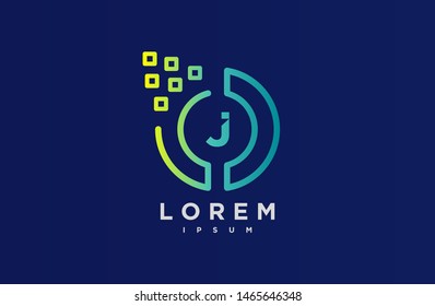 Abstract letter J line logo design template. blue and green gradient Color pixel creative sign. Universal vector icon. Logotypes of Digital Concepts and Circles, Connections and Networks Icons.