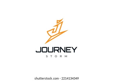 Diseño del logotipo de la letra abstracta J con el concepto trueno en el estilo de contorno. Logotipo adecuado para empresas o tecnologías