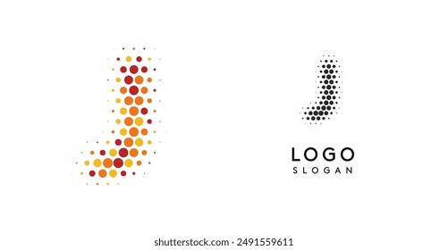 Abstract letter J logo with orange to red gradient dots, modern minimalist symbol for business branding, corporate identity, technology firms. Stylish and professional symbol. Vector illustration