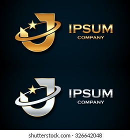 Abstract letter J logo,gold and silver star symbol,sign saturn,ring shape with sample text for your company