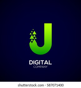  Abstract Letter J Pixel logo with Triangle Shape, Green Arrow Fly Forward Signs, Media Play Symbols, Technology and Digital Connection concept for your Corporate identity Business company