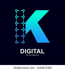 Abstrakter Buchstabe K mit Punktverbindung, Vektorlogo-Design. Eignet sich für das Symbol des DNA-Chips des biotechnologischen Moleküls, Medizin, Wissenschaft, Technologie, Labor, Elektronik