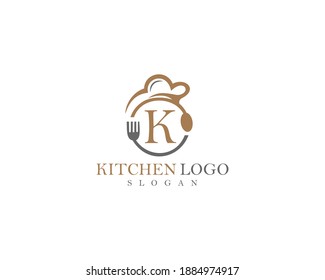 Abstract letter K kitchen, restaurant logo design, spoon and fork icon, Letter K logo design