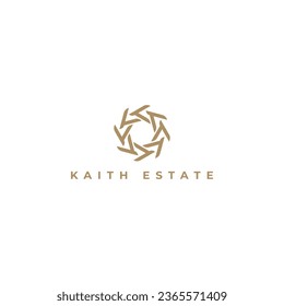 Abstract Letter K or KK monogram logo design vector in gold color isolated on a white background. Abstract radial letter K logo applied for Real Estate Company logo design inspiration template