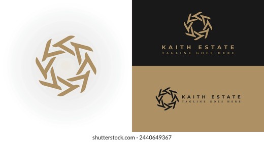 Abstract Letter K or KK monogram logo design vector in gold color isolated on multiple background colors. Abstract radial letter K logo applied for Real Estate Company logo design inspiration template