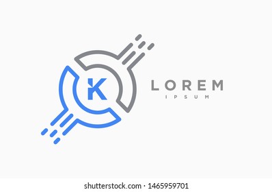 Abstract letter K line logo design template. grey and blue gradient Color pixel creative sign. Universal vector icon. Logotypes of Digital Concepts and Circles, Connections and Networks Icons.