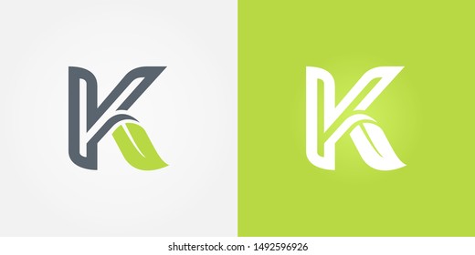 Abstract letter K line logo design template. grey and green Color ecology creative sign. Universal vector icon. Element, organic, natural, bio Icons.