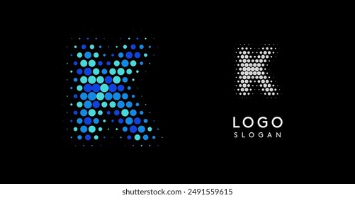 Abstract letter K logo with blue gradient dots, modern minimalist design. Ideal for business branding, corporate identity, technology firms. Stylish and professional symbol. Vector illustration