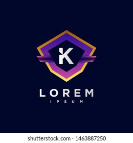 Abstract letter K logo design template. gradient purple and blue Color shield creative sign. Universal vector icon.