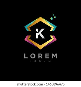 Abstract letter K logo design template. gold, blue, purple and black gradient Color hexagon creative sign. Universal vector icon.
