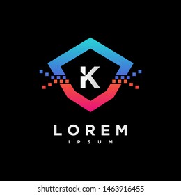 Abstract letter K logo design template. black, blue and pink gradient Color pixel shield creative sign. Universal vector icon.