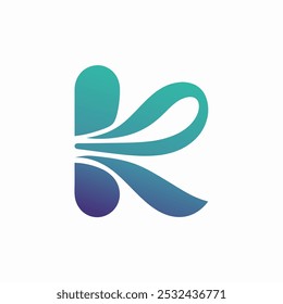 O design do logotipo da letra K é abstrato, apresentando uma forma de flor estilizada com um gradiente vibrante de cores azul e verde, ideal para identidade e marca comercial.