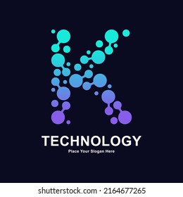 Abstract Letter K with molecule element and dots connection vector logo design. Suitable for biotechnology molecule atom DNA chip symbol, Medicine, science, technology, laboratory, electronics