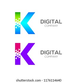 Abstract Letter K Pixel logo with Triangle Shape, Arrow Fly Forward Signs, Media Play Symbols, Technology and Digital Connection concept for your Corporate identity Business company