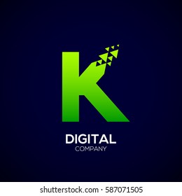Abstract Letter K Pixel logo with Triangle Shape, Green Arrow Fly Forward Signs, Media Play Symbols, Technology and Digital Connection concept for your Corporate identity Business company