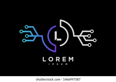 Abstract letter L line logo design template. black, blue and white gradient Color link creative sign. Universal vector icon. Logotypes of Digital Concepts and Circles, Connections and Networks Icons.