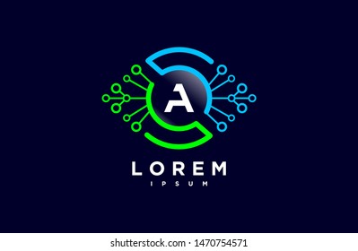 Abstract letter A line logo design template. blue and green Color link creative sign. Universal vector icon. Digital Concepts and Circles, vision, eye, technology Icons.