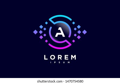 Abstract Letter A Line Logo Design Template. Dark Blue, Blue And Purple Gradient Color Pixel Creative Sign. Universal Vector Icon. Digital Concepts And Circles, Vision, Eye, Technology Icons.