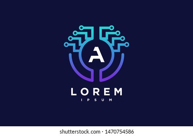 Abstract letter A line logo design template. dark blue and blue gradient Color link creative sign. Universal vector icon. Logotypes of Digital Concepts and Circles, Connections and Networks Icons.