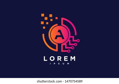 Abstract letter A line logo design template. dark blue and orange gradient Color digital creative sign. Universal vector icon. Digital Concepts and Circles, Connections and Networks Icons.