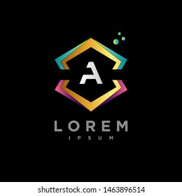 Abstract letter A logo design template. gold, blue, purple and black gradient Color hexagon creative sign. Universal vector icon.