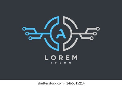 Abstract letter A logo design template. grey and neon blue Color link creative sign. Universal vector icon. Logotypes of Digital Concepts and Circles, Connections, drone and Networks Icons.