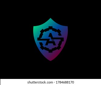 Resumen Un logotipo de carta con forma de engranaje y diseño de escudo moderno. Seguridad Una Plantilla De Diseño De Icono.
