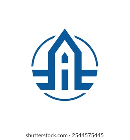 An abstract letter A logo in round shape that shapes like a house in blue color on a white background