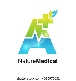 Abstract letter A logo,Medical pharmacy,Medical Cross Logo Pharmacy natural eco Clinic design vector template. Medicine Health care Logotype. Ecology Green Healthcare icon