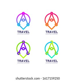 Abstract Letter A Logotype, Map Point Location logos, Pin map symbols, Position and Navigation icons with Modern line Cross shape and Link Dots or sync signs, Connect Technology and Digital concept