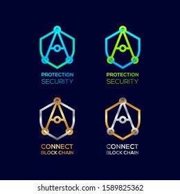 Abstract Letter A Logotype, Protection Shield Security logos with Modern line Cross shape and Link Dots or sync signs, Connect Technology and Digital symbols, Blockchain and Data concept