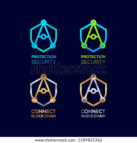 Abstract Letter A Logotype, Protection Shield Security logos with Modern line Cross shape and Link Dots or sync signs, Connect Technology and Digital symbols, Blockchain and Data concept