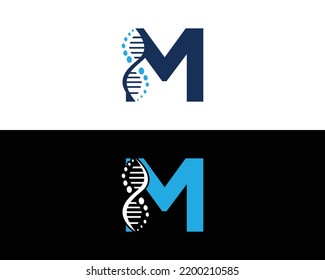 Letra abstracta M Concepto de logotipo de biología del ADN. Icono de vectores de ciencia creativa, laboratorio y biotecnología.