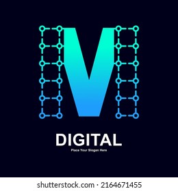 Abstract letter M with dots connection vector logo design. Suitable for biotechnology molecule atom DNA chip symbol, Medicine, science, technology, laboratory, electronic