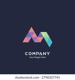 Abstract Letter M Geometric  Low Poly Logo. Colorful Triangle Mosaic Monogram for Big Data Tech Startup Cloud Analystic Company Identity.