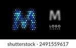 Abstract letter M logo with blue gradient dots, modern minimalist design. Ideal for business branding, corporate identity, technology firms. Stylish and professional symbol. Vector illustration