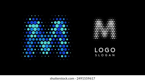 Abstract letter M logo with blue gradient dots, modern minimalist design. Ideal for business branding, corporate identity, technology firms. Stylish and professional symbol. Vector illustration