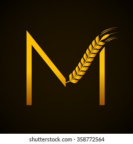 Abstract letter M logo design template with Ears of Wheat,Rice,Vector Illustration