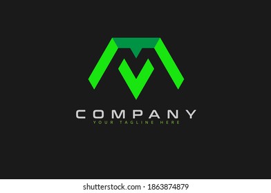 Abstract Letter M Logo, Green Geometric line isolated on Black Background, usable for business and technology logos, Flat Design Logo Template, vector illustration