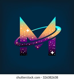 Abstract letter M logo,Space logo.Observatory,tourism,galaxy,moon,satellite,alien,Planet,astronaut.Interesting design template for your company logo