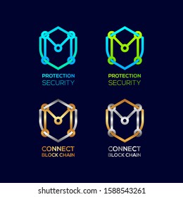 Abstract Letter M Logotype, Protection Shield Security logos with Modern line Cross shape and Link Dots or sync signs, Connect Technology and Digital symbols, Blockchain and Data concept